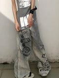 KYLETHOMASW  -  American Plus Size Graffiti Jeans Women Y2K Hot Girl Style Music Note Print Distressed Washed Blade Cut Streetwear Pants Trendy