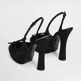 KYLETHOMASW  -  New Women's Beige/Black Satin Slingback Pumps Bowknot Decor Round Toe Platform Block High Heel Fashion Party Evening Shoes