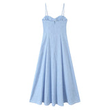 KYLETHOMASW  -  Sexy Spaghetti Straps Corset Style A-line Midi Dresses Women Fashion Hem Slit Blue Summer Dress Night Out Vestidos