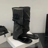 KYLETHOMASW  -  Black Flat Sandals Summer Boots For Woman Thong Low Heels Wedges Shoes Fashion Flats Knee High Boots Sandalen Damen