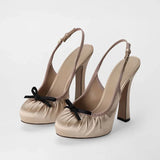 KYLETHOMASW  -  New Women's Beige/Black Satin Slingback Pumps Bowknot Decor Round Toe Platform Block High Heel Fashion Party Evening Shoes