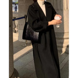KYLETHOMASW  -    Women Elegant Long Woolen Coat with Belt Autumn Winter New Fashion Solid Lapel Long Sleeve Chic Outerwear Ladies Casual Overcoat