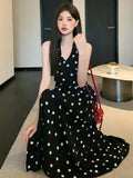 KYLETHOMASW  - Ladies Black Dot Sexy Club Pleated Split Long Dresses Sleeveless Halter V Neck Bow Lace-up Dress Summer Backless Party Sundress