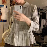 KYLETHOMASW  -  Korean Chic Autumn Plaid Shirt Women Long Sleeve Peter Pan Collar Ruffled Loose Single Breasted Blouse Retro Blusas Mujer