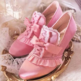 KYLETHOMASW  -  Lace Bow Pink Slip-On Cat Heel Pumps Woman Summer 2025 Lolita White Lace Girl Cute Soft High Heels Fashion Shoes