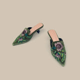 KYLETHOMASW  -  Embroidery Velour Shoes Woman Strange Heel Slippers Design Mules Femme Pointed Toe Wedges Tacones Slides Slip On Pantuflas Mujer