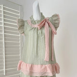 KYLETHOMASW  -  Japanese Sweet Ruffle 2 Piece Set Women Kawaii Bow Tops + Mini Cake Skirts New Fashion Cute Patchwork Loose Cute Fairy Suit