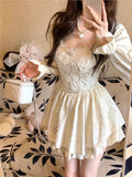 KYLETHOMASW  -  French Sweet Lace Spliced Princess Dress Autumn Long Sleeve Square Collar Beading Vestidos Elegant Retro Evening Party Clothing