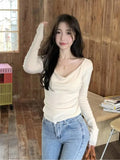 KYLETHOMASW  -  French Women Beige V-neck Holiday Cotton Sweater Autumn Pink Long Sleeve Knitted Pullover Tops Fashion 2024 Clothing Streetwear 