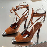Kylethomasw Metal Decorative Sexy Pointed Toe High Heels Women Ankle Strap Suede Women Pumps Summer Elegant Heeled Sandals Tacones Mujer