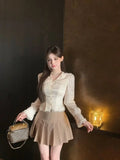 KYLETHOMASW  -  French Apricot Double-layer Lapel Long-sleeved Shirt for Women in Autumn Lace Fitted Waist Shirt