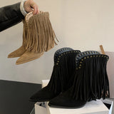 KYLETHOMASW  -  Sexy Pointed Toe Suede Women's Ankle Boots Rivet Tassel Design Chunky Heel Short Boots Retro Square Root Winter Shoe for Ladies