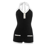 KYLETHOMASW  -  Contrast Color Elegant Sleeveless Halter Lace Up Rompers for Women's Summer V-neck Button Solid Basic Backless Playsuits