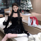 KYLETHOMASW  -  Slash Neck Velvet Black Preppy Dress Long Sleeve Princess Slim Layered Dress Sexy Strapless Birthday Christmas Party Vestidos