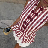 KYLETHOMASW  -  Striped Mandarin Collar Frog Button Ruffle Trim Top Striped Single‑breasted Summer Women Blouse Versatile Casual Lady Office Top