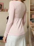 KYLETHOMASW  -  French Sweet Lace Patchwork Polka Dot Bow Slim V Neck Long Sleeve Solid T-Shirts