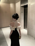 KYLETHOMASW  -  French Fashion Sexy Elegant Evening Gown Women's Halter Neck Sequin Tulle Patchwork Velvet Dress Chic Banquet Party Gown