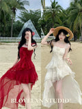 KYLETHOMASW  -  New Summer Vacation White Dress Irregular Hem Heavy Embroidery Fairy Tale Women's Dress Square Collar Fly Sleeve Beach Dress