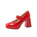 KYLETHOMASW  -  Red Patent Leather Mary Jane Pumps for Women Strap Buckle Chunky High Heels Shoes Woman Platform Pump Burgundy Party 43