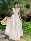 KYLETHOMASW  -  Elegant White Ruffles Womens Dresses French Square Collar Backless Sleeveless Party Dress Summer Holiday Prom Robe New Vestidos