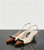 KYLETHOMASW  -  Fashion Color Blocking Design Elegant Women's Leather Pointed-Toe Slingback Stilettos High Heels Black Patent Bow Accent