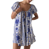 KYLETHOMASW  -  Women Summer Puff Sleeve Digital Floral Print Short Sleeve Round Neck Casual Dress Fashion 2025 New Arrival