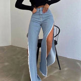 Kylethomasw  Solid Split Straight Jeans Sexy Long Pant Fur Denim Trouser Female Casual Street Clothing 2023 Summer Women Fashion New Jeans