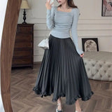 KYLETHOMASW  -  Autumn New Elegant Women's Pleated Skirt Solid Color Elastic Waist A-Line Party Skirts Sweet Ruffles Asymmetric Long Jupe