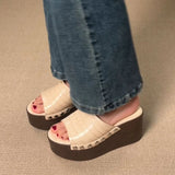 KYLETHOMASW  -  Brown Crocodile Print Platform Wedge Slippers Woman Summer Open Toe Gold Studs High Heel Sandals Outer Beach Shoes