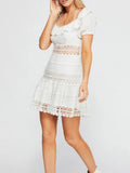 KYLETHOMASW  -  Women's White Off Shoulder Mini Dress Sweet Ruffle Tiered Crochet Waist Lace-up Gowns Summer Beach Dresses New Date Vestidos