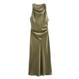 KYLETHOMASW  -  Summer New Women Sleeveless Dress Fashion Temperament Sexy Silk Satin Texture Solid Color Midi Long Dress Women Elegant