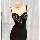 KYLETHOMASW  -  Women's Elegant Lace Patchwork Bodycon Midi Dress Spaghetti Strap V Bust Cocktail Party Dress