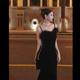 KYLETHOMASW  -  Autumn High-End Velvet Suspender Dress For Women's Winter New Sexy Turkey Fur Collar Fish Tail Wrapped Buttocks Long Dress Black