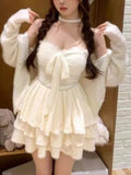 KYLETHOMASW  -  Winter Sweet Elegant Fashion 2 Piece Sets Women Vintage Cute Bow Design Coats + Mini Dress Japanese Casual Chic Lovely Outfits