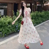 KYLETHOMASW  -  Women's Floral Print Chiffon Maxi Dress Puff Sleeve Square Neck Ruffle Trim Tie Front Long Dress for Summer
