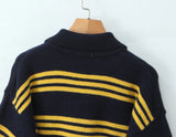 KYLETHOMASW  -  American Retro Lapel Collar Knitted Sweater For Women Long Sleeve Casual Loose Autumn Striped Pullovers