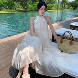 KIylethomasw Summer French Temperament White Bohemian Seaside Resort Style Sexy Loose Hanging Neck Character Sleeveless Mid-length Dress