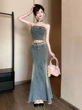 KYLETHOMASW  -  Women Clothes Y2K Casual Outfit Sexy Chest Wrapped Short Tops Shirt Blouse High Waist Fishtail Long Skirt Mujer 2 Pieces Set New