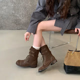 KYLETHOMASW  -  Fashion Design Narrow Band Lace-up Women Knee-High Boots Vintage Spring Autumn Round Toe Square Low Heels Shoes