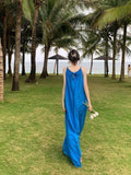 KYLETHOMASW  - Summer Blue Round Neck Loose Pleated Bandage Long Dress Women Fashion New Sexy Club Sleeveless Vacation Casual Dress Simplicity