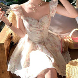 KYLETHOMASW  -  French Style Floral Print Mini Summer Dress Women Flying Sleeves V Neck Lace Spliced A-line Dresses Party Robe Vestidos