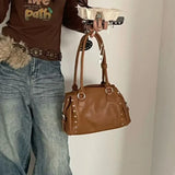 KYLETHOMASW  -  Women Y2k Rivet Handbag Retro Pu Leather Shoulder Bag Punk Style Large Capacity Zip Tote Bag Fashion Daily Party Underarm Bag