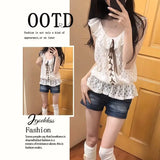 KYLETHOMASW  -  Japanese Sweet Flying Sleeve Knitted Women Clothing Spring Summer Retro Strap Lace Hollow Sleeveless Tank Top