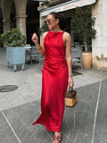 KYLETHOMASW  -  Summer New Women Sleeveless Dress Fashion Temperament Sexy Silk Satin Texture Solid Color Midi Long Dress Women Elegant