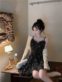 KYLETHOMASW  -  Hebe Style Floral Print Two-Piece Set Women's Elegant Black Off-Shoulder Asymmetrical Dress Sunscreen Cardigan Slimming Effect