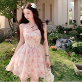 KYLETHOMASW  -  Halterneck Dress For Women's Korean Pink Rose Chiffon Clothing 2024 New Summer Elegant Party Korean Fashion Floral Long Dresses.