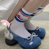 KYLETHOMASW  -  Denim Fur-Trimmed Bowknot Platform Shaped Heel Sandals Woman Summer Slingback Closed-Toe Chunky Heels Mary Jane Shoes