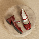 KYLETHOMASW  -  New Designer Round toe bowtie mary janes pumps women thick high heels lolita shoes ankle strap japanned leather talons femmes