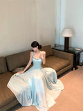 KYLETHOMASW  -  Women Elegant Fairy Mesh Evening Dresses Fashion Spaghetti Strap A-Line Party Dress Elegant Korean Slim Flared Holiday Vestidos