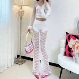 KYLETHOMASW  -  Sexy Y2K White Sheer Lace High Waist Flare Pants | See-Through Mesh Bell Bottom Trousers | Kawaii Aesthetic Summer Streetwear